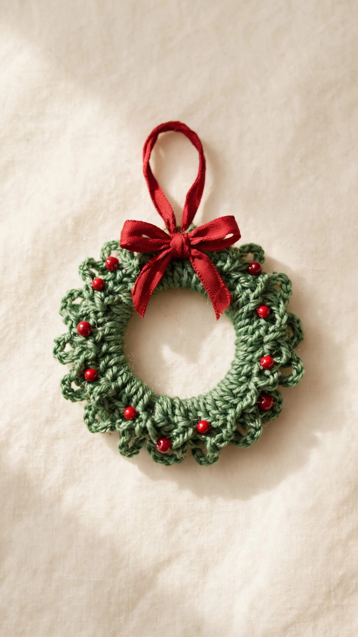 Small crochet green wreath ornament with red berry beads and a red bow