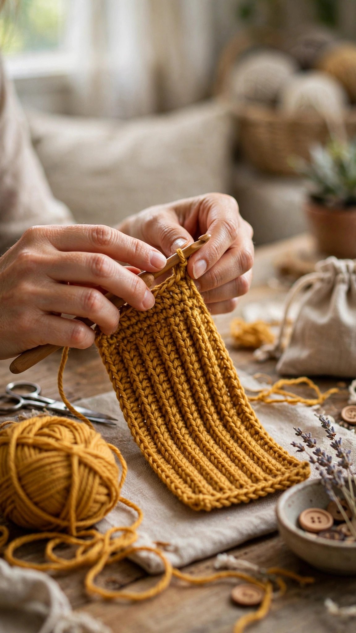 Hands crocheting a ribbed rectangle in mustard yarn with a wooden crochet hook, work in progress