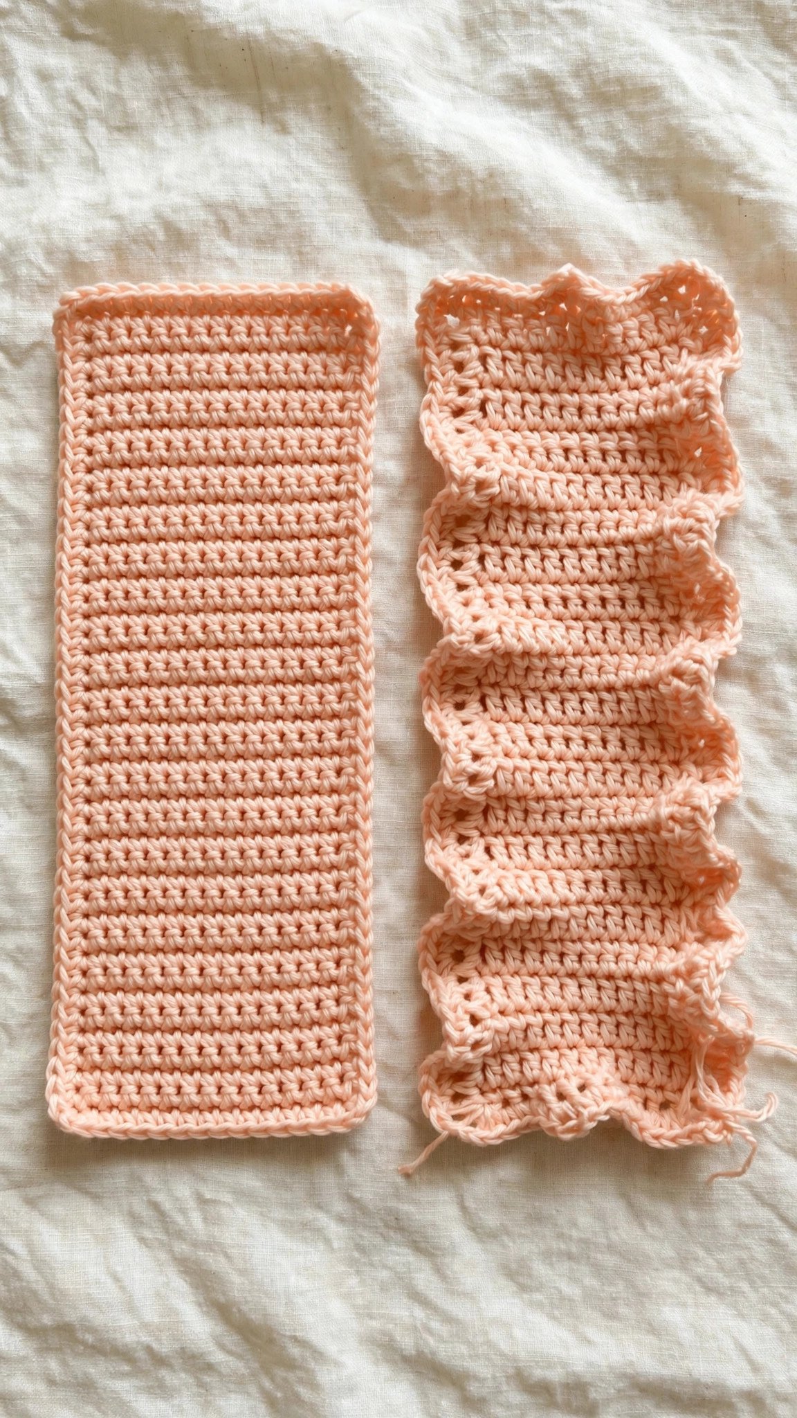 Double crochet swatch edge showing straight sides versus wavy uneven sides