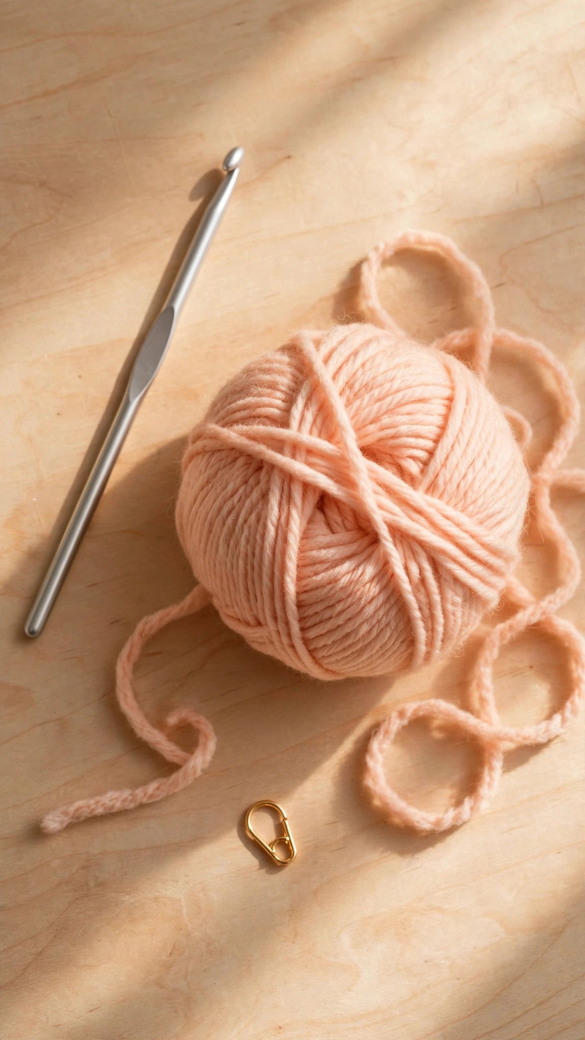 Crochet hook, ball of peach yarn, and stitch marker arranged for double crochet practice