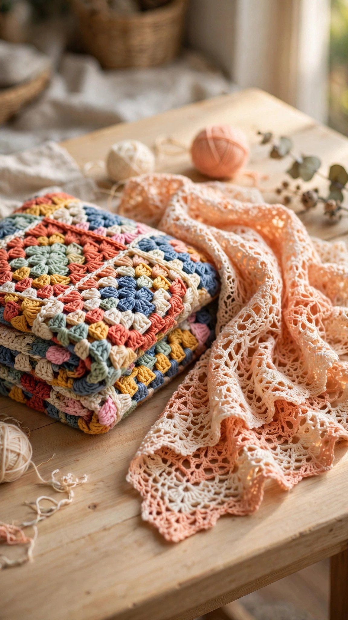 Granny square blanket and lacy shawl made with double crochet stitches