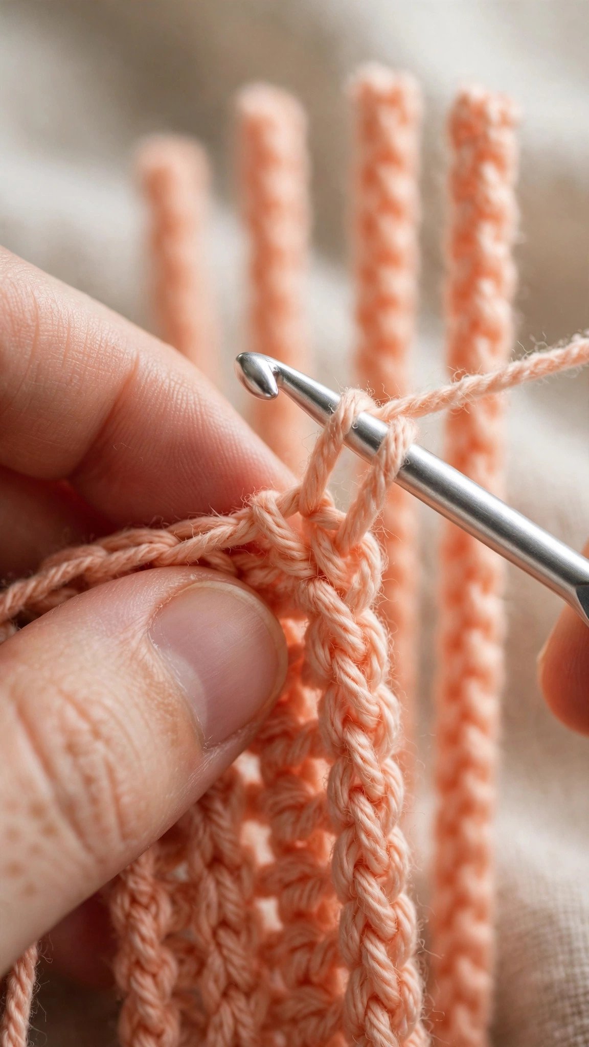 Close-up of a crochet hook pulling through two loops to finish a double crochet stitch