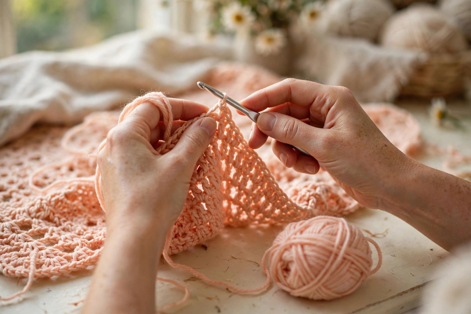 Hands crocheting tall double crochet stitches with a hook and peach yarn