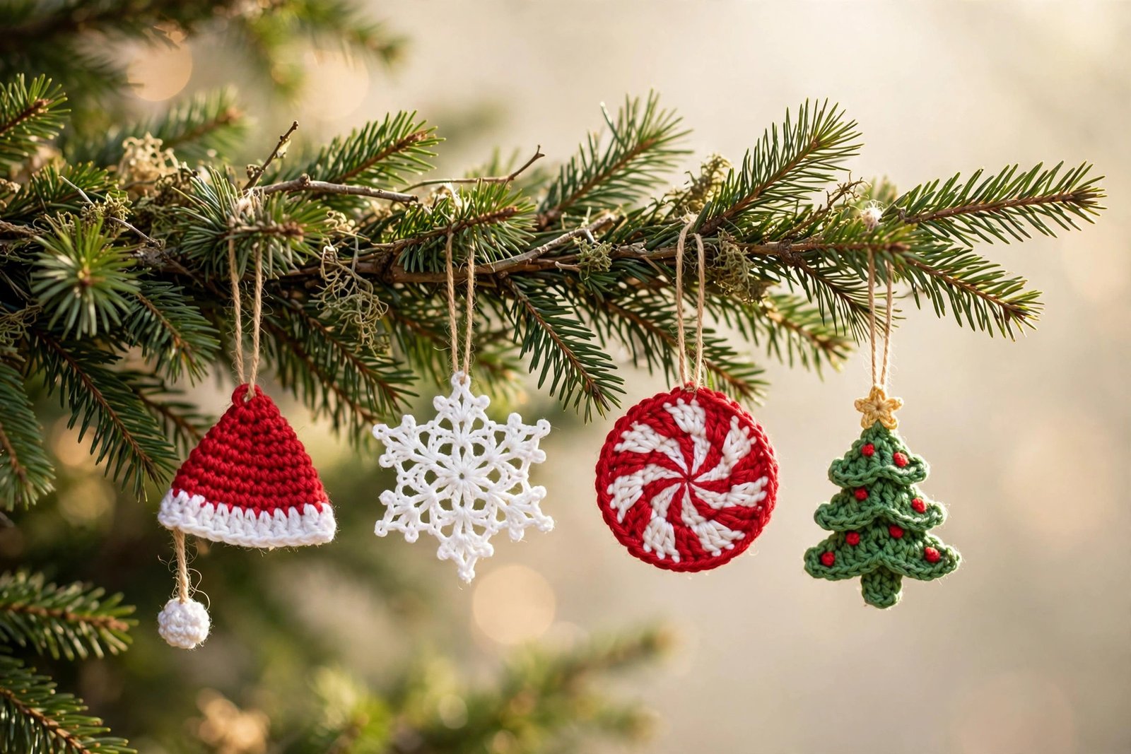 Handmade crochet Christmas ornaments including a Santa hat, snowflake, peppermint swirl and mini tree hanging on a Christmas tree
