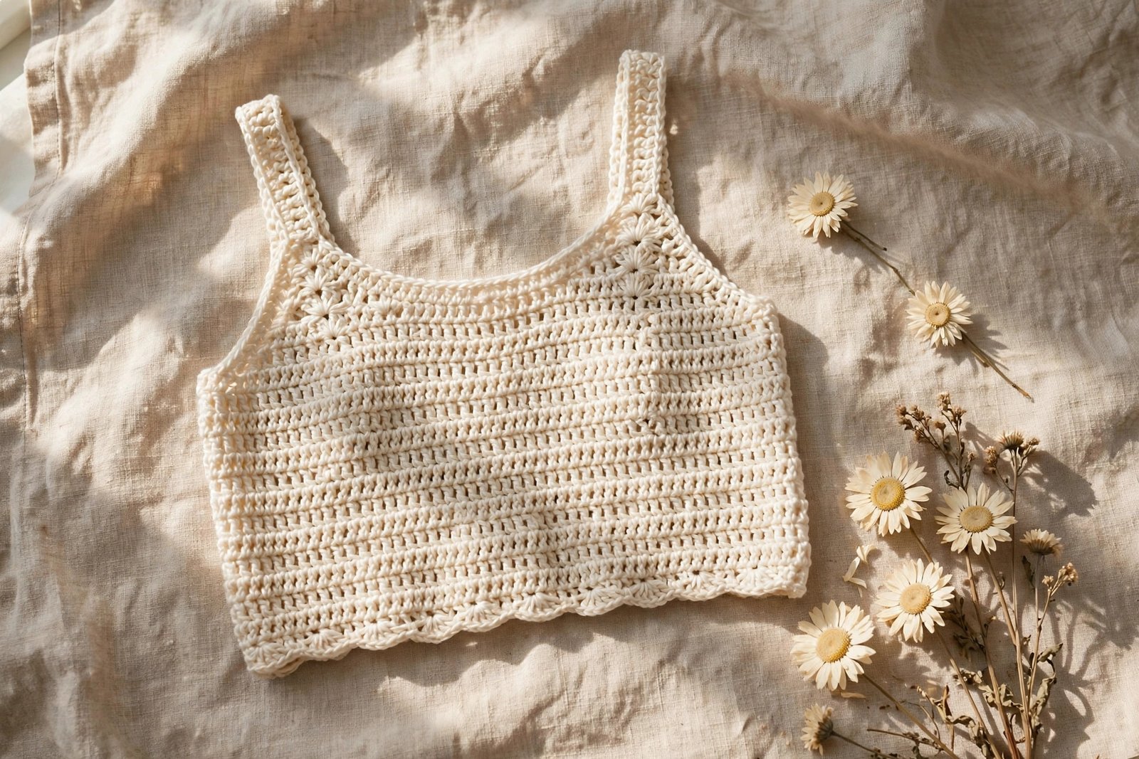 Finished cream crochet summer top styled flat on natural linen with dried daisies, wide landscape hero shot