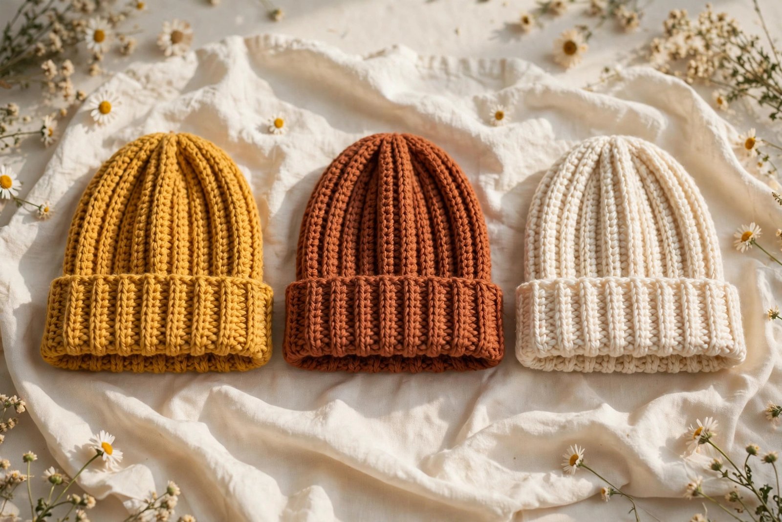 Three finished ribbed crochet beanies in mustard, rust and cream styled in a row on cream linen, wide landscape hero shot