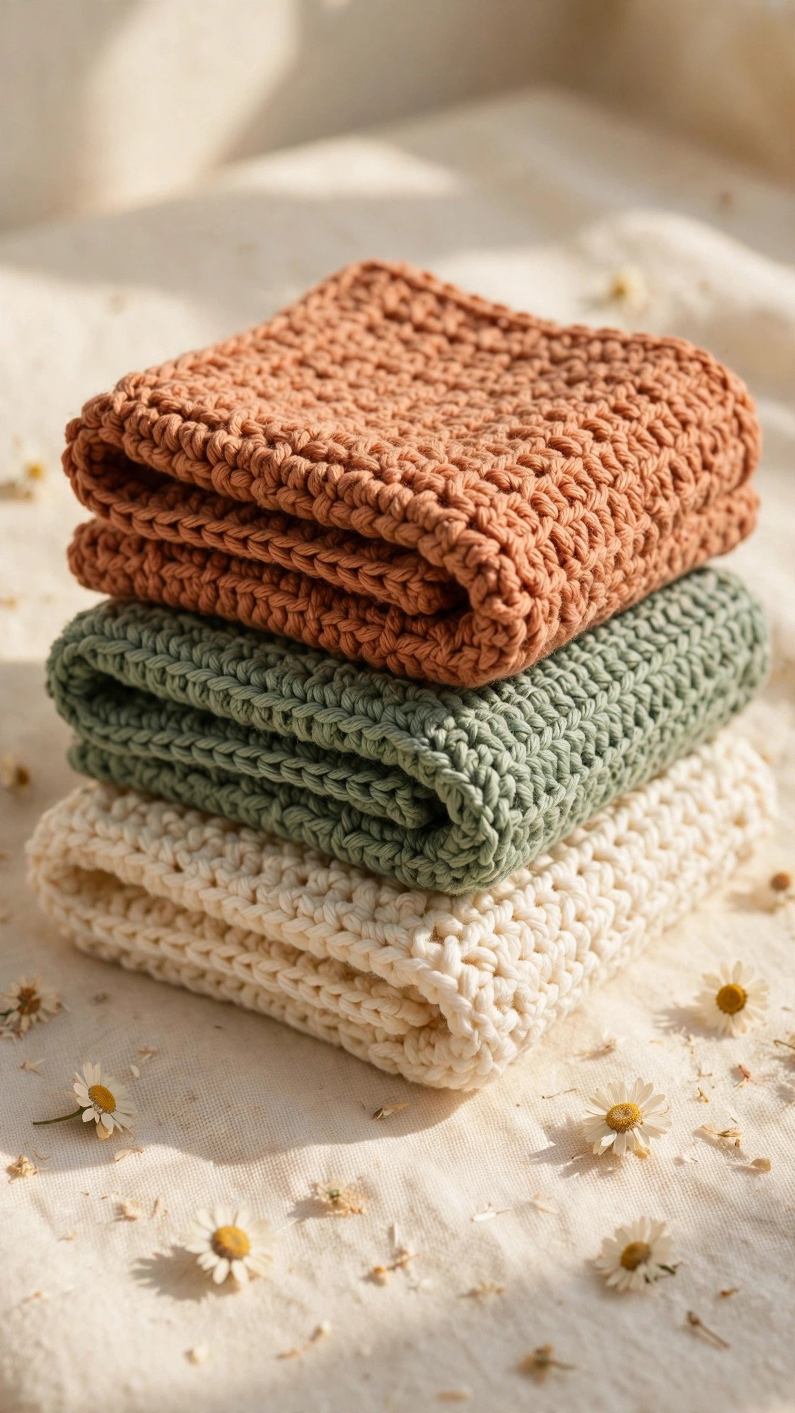 Stack of folded handmade crochet washcloths in cream, sage, and terracotta cotton