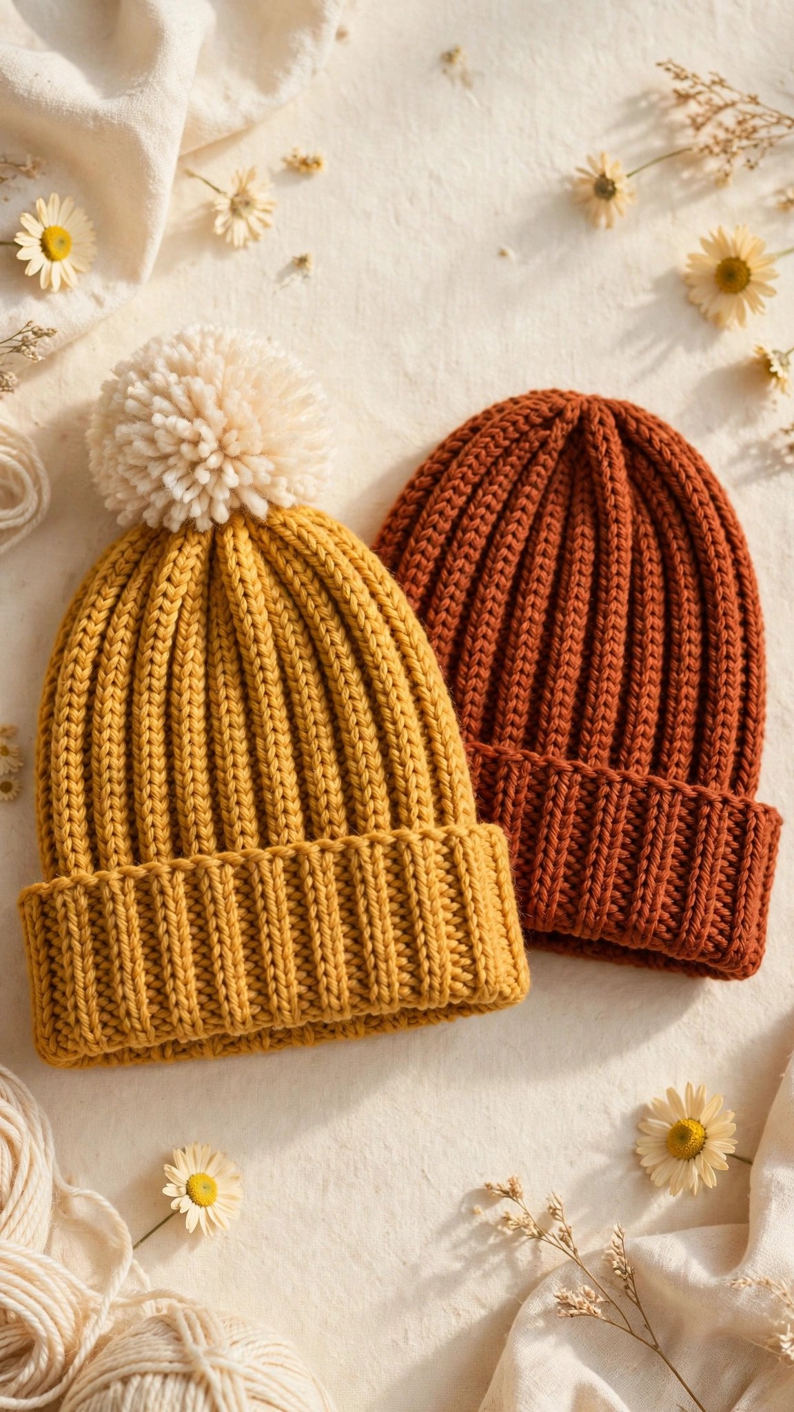 Two finished ribbed crochet beanies with folded brims, one mustard with a cream pom pom, styled on cream