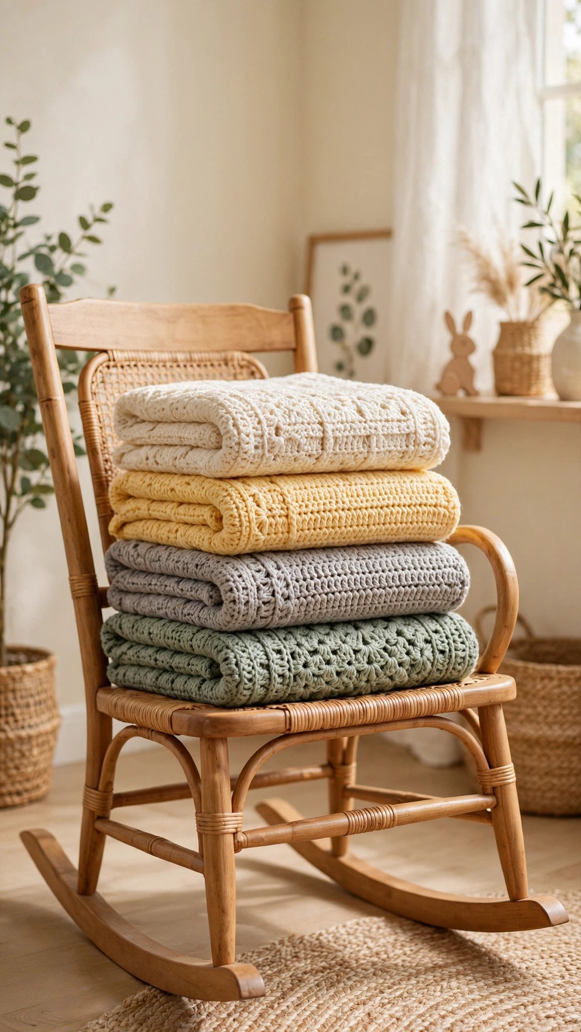 Four folded gender neutral crochet baby blankets in sage, warm gray, butter yellow and ecru on a rocking chair