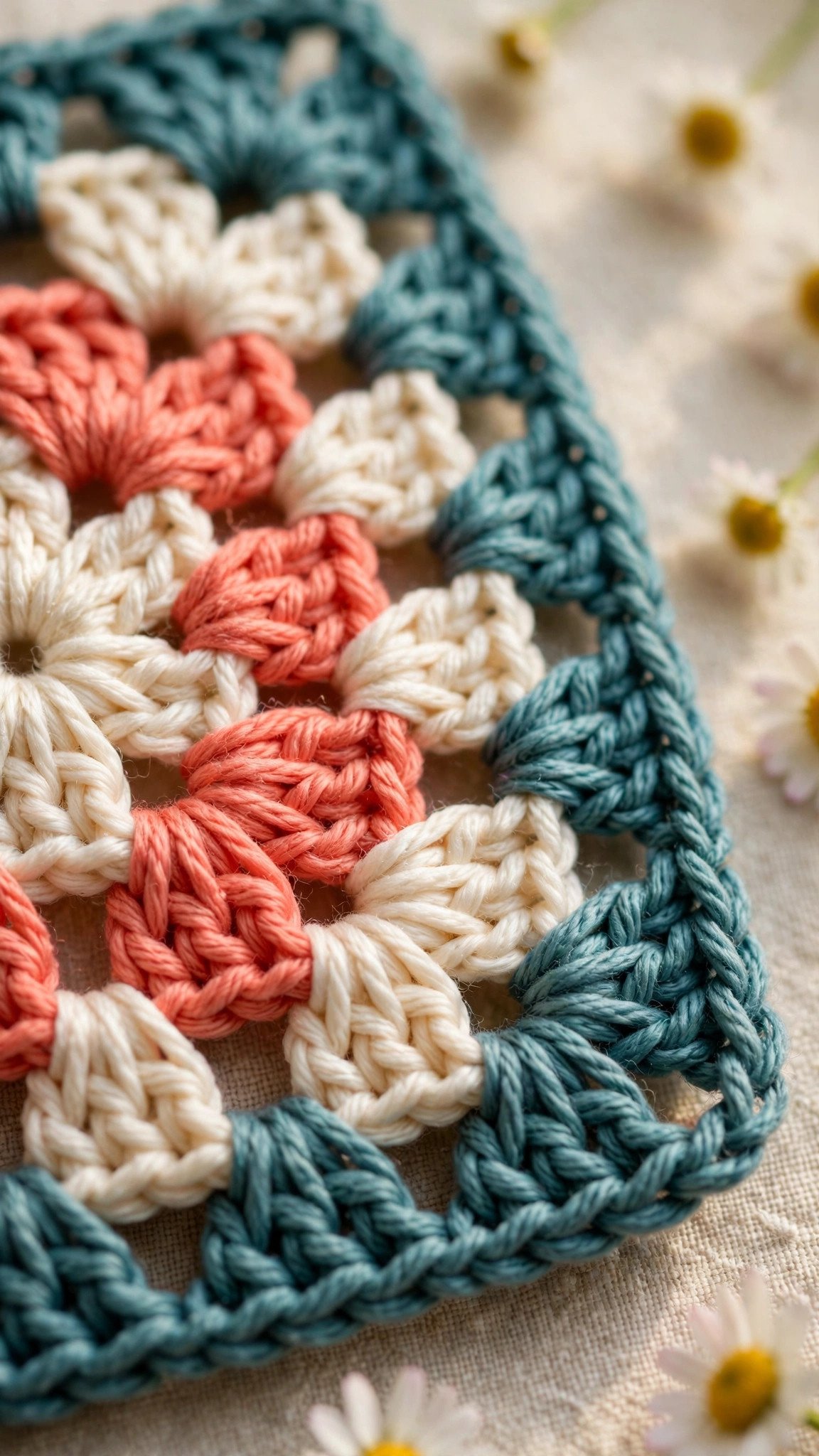 Close-up of a granny square showing double crochet clusters and chain-2 corner spaces