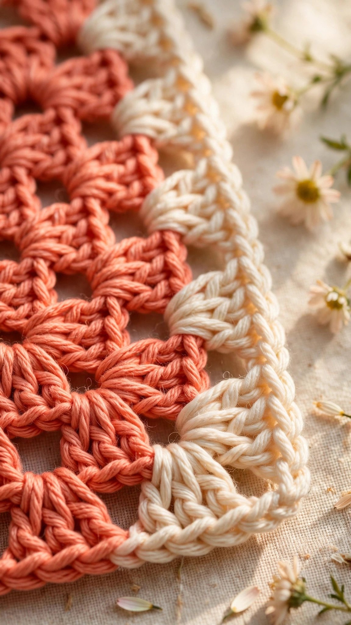 Close-up of two yarn colors joined in a granny square corner, showing a clean color change