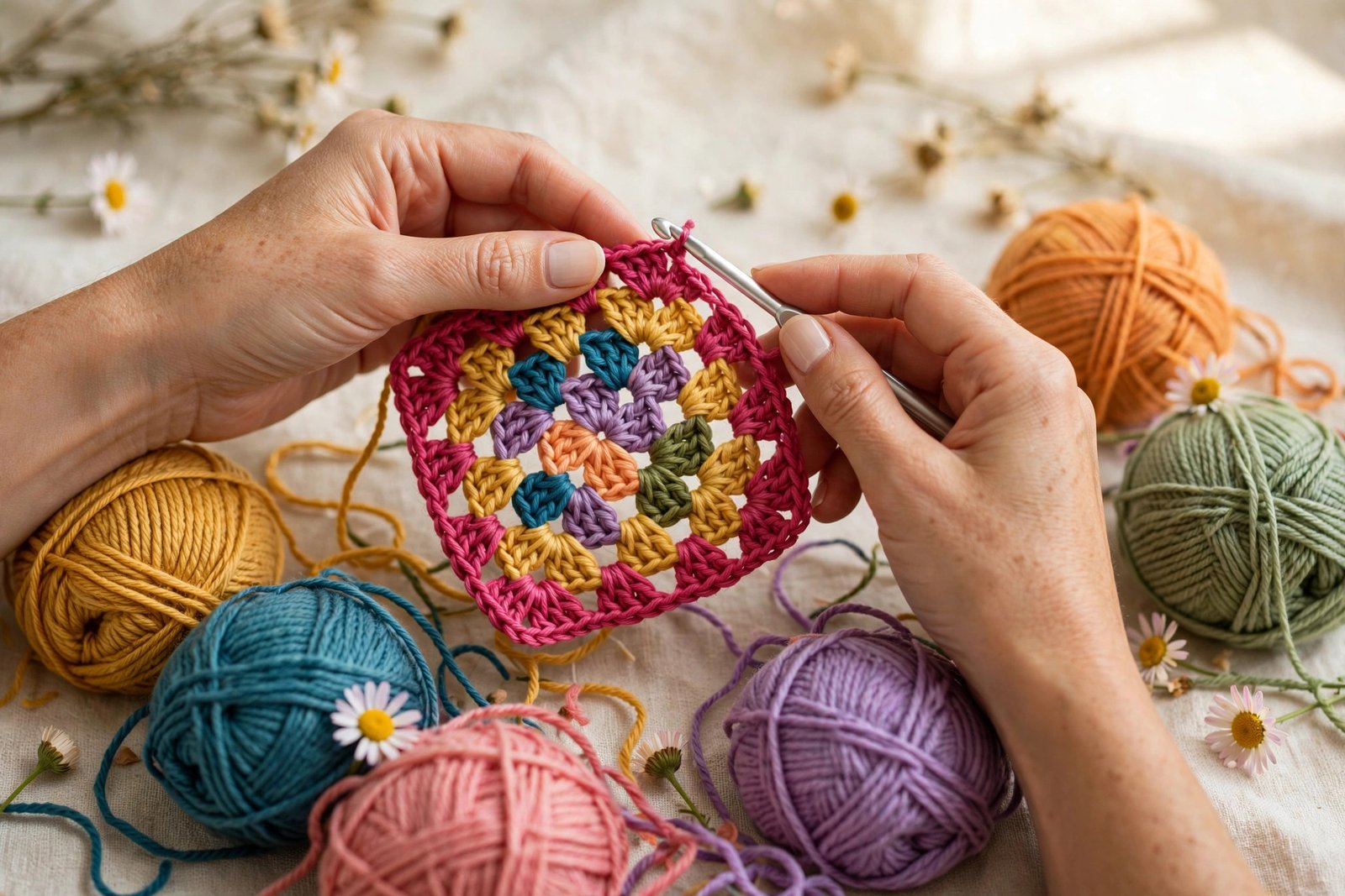 Hands crocheting a colorful granny square with a metal crochet hook on a cream background