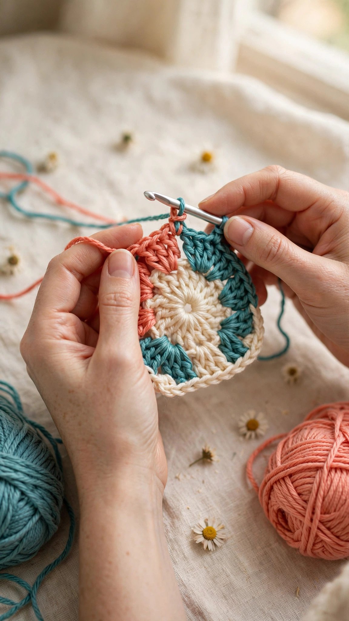 Hands crocheting round two of a multicolor granny square with a silver hook