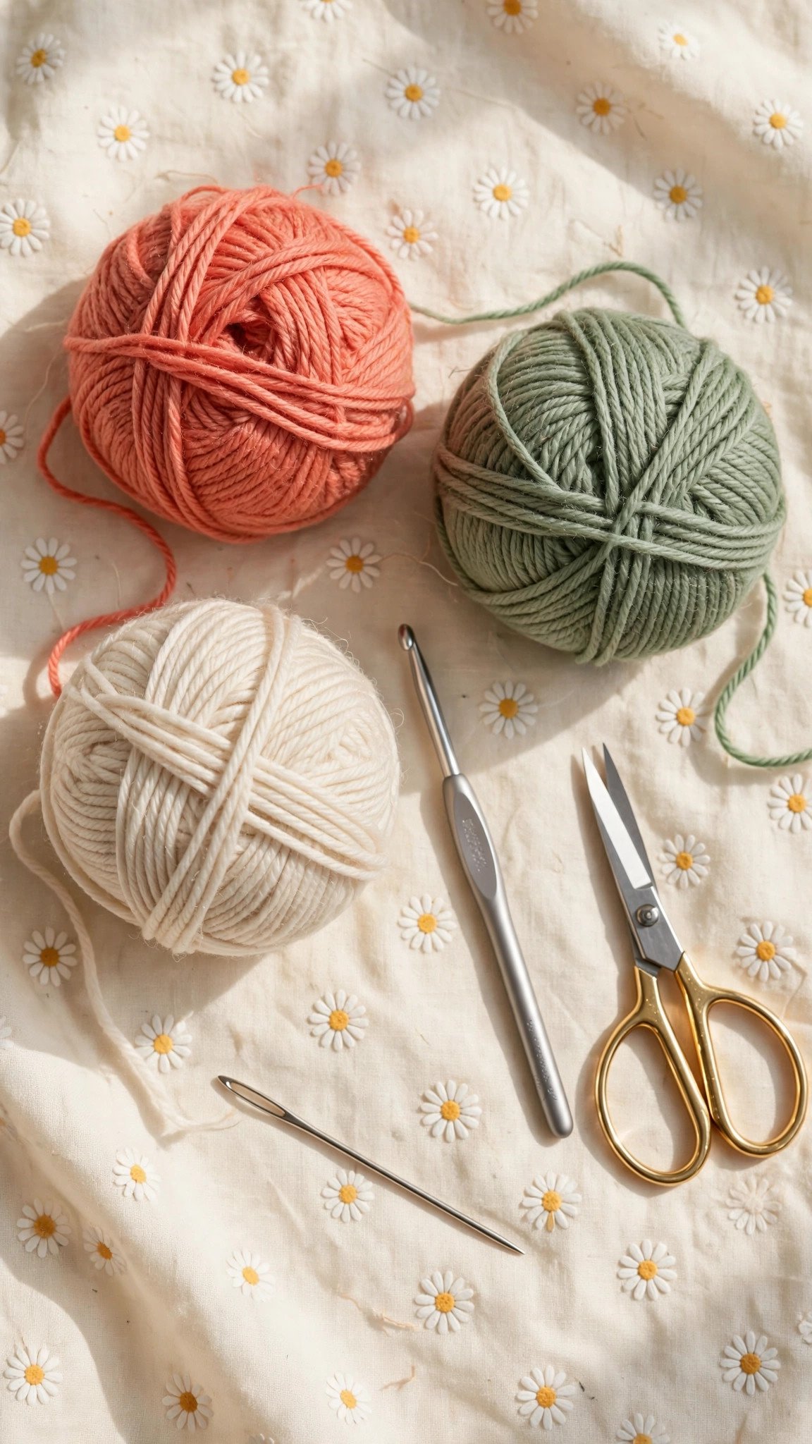 Flat lay of granny square supplies: worsted yarn balls, crochet hook, scissors and tapestry needle on cream