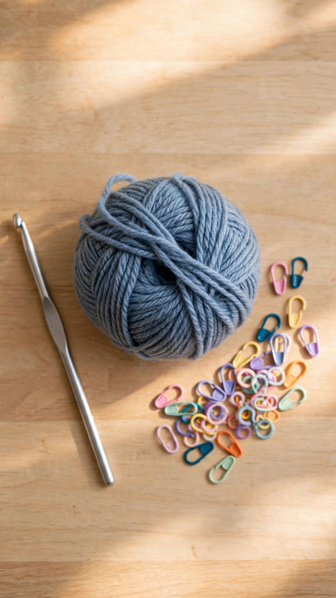 Crochet hook, ball of dusty blue yarn, and stitch markers on a light table
