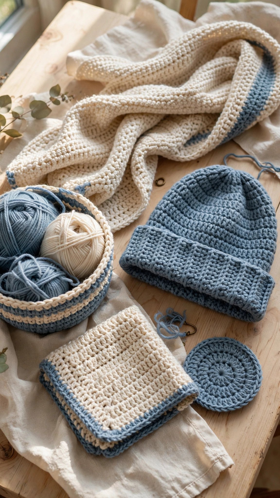 Finished half double crochet hat, scarf, and basket in soft blue and cream yarn