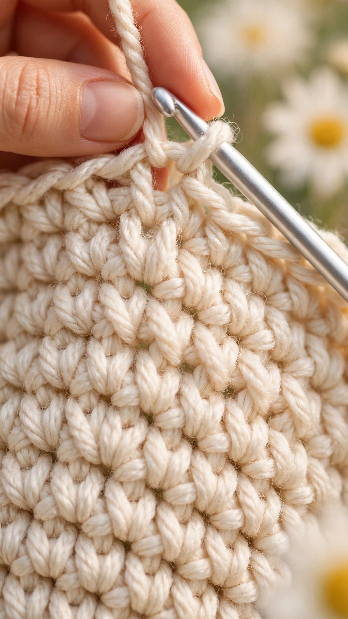 Macro close up of half double crochet stitch texture in bulky cream yarn with a hook and fingers working
