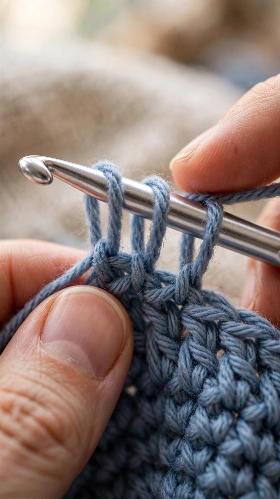 Close-up of three loops on a crochet hook during a half double crochet stitch