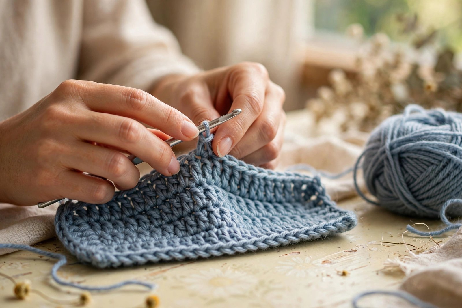 Hands working half double crochet stitches with a hook and soft blue yarn