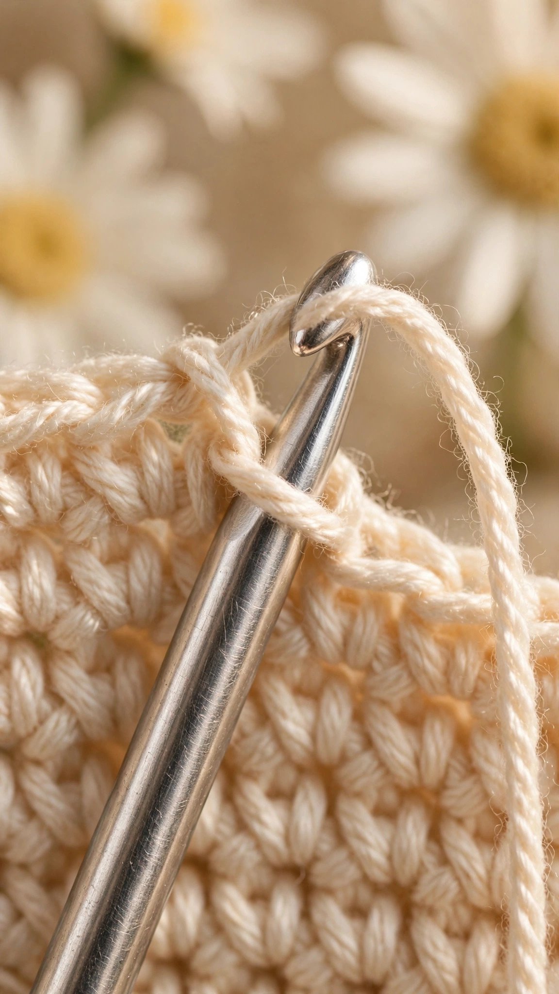 Close-up of crochet hook inserted under the top V of a cream foundation chain