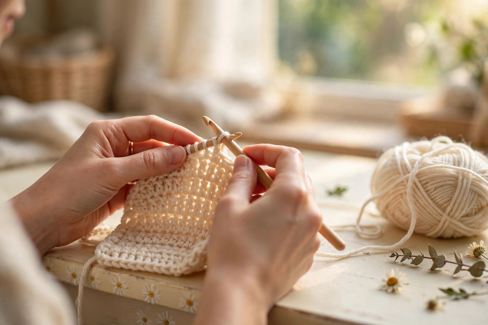 Woman's hands crocheting with a wooden hook and cream yarn on a craft table