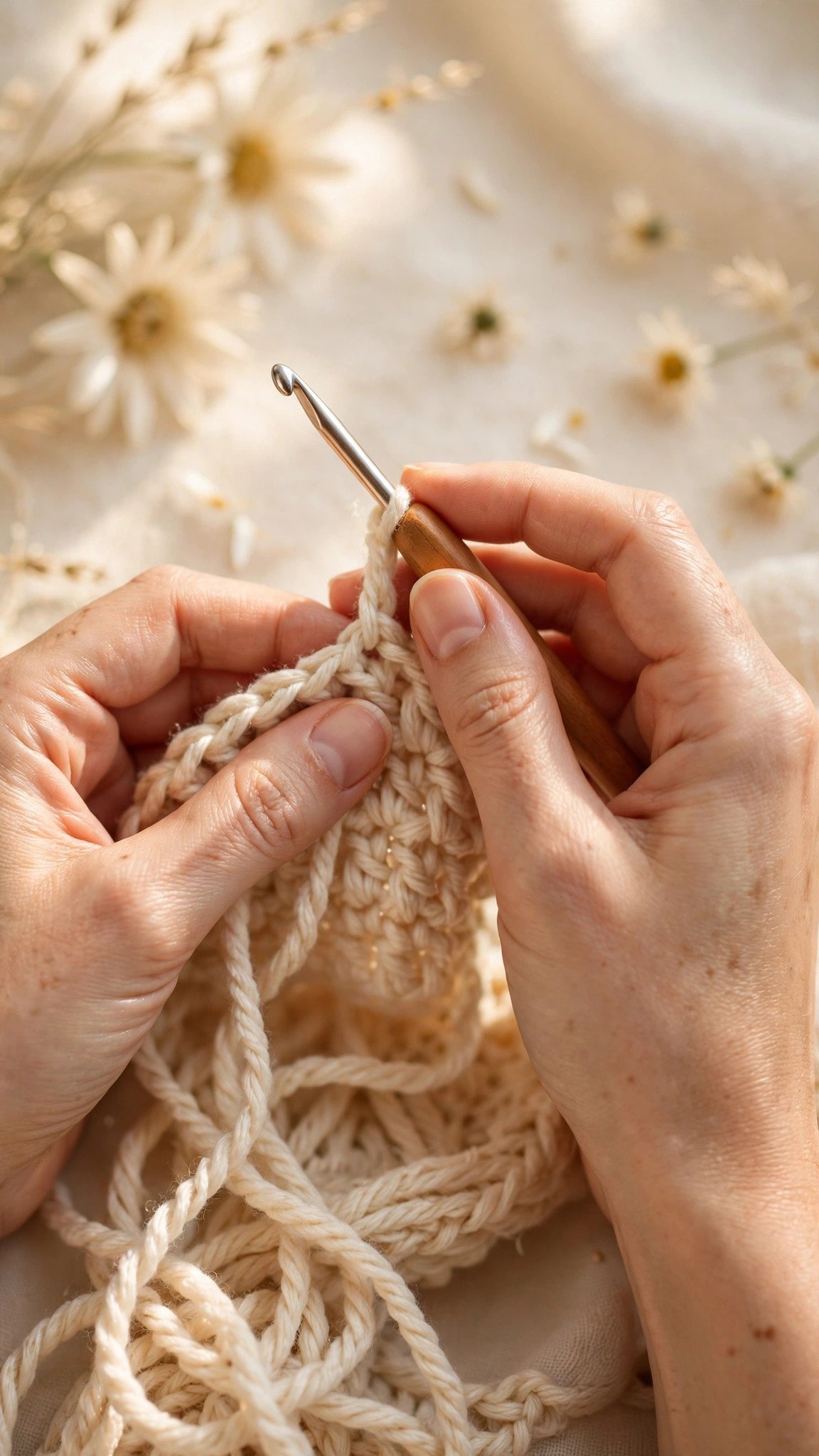 Close-up of hands holding a crochet hook in the pencil grip over cream yarn