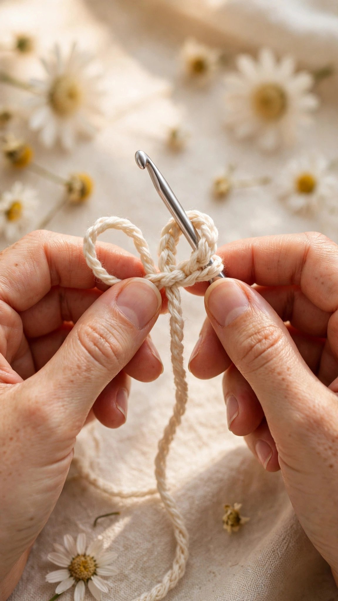 Hands tying a slip knot in cream yarn on a crochet hook
