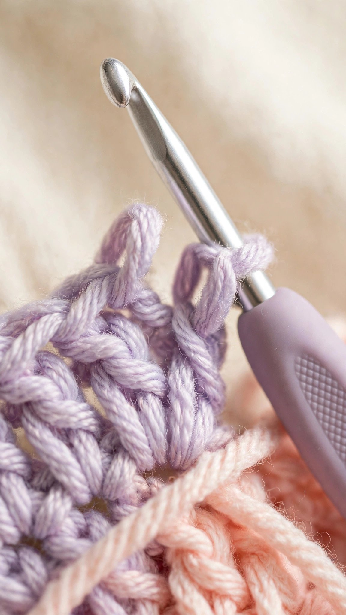 Close-up of a crochet hook working an invisible decrease into front loops of single crochet stitches