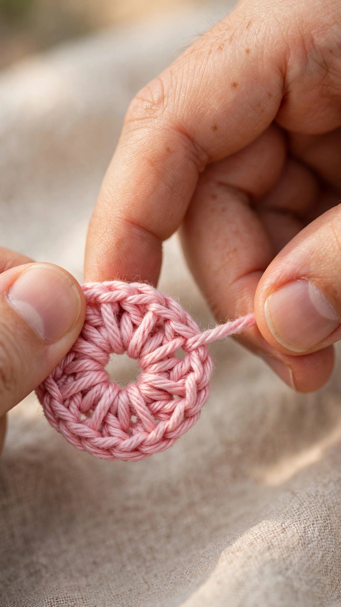 Fingers pulling the yarn tail to cinch a magic ring closed