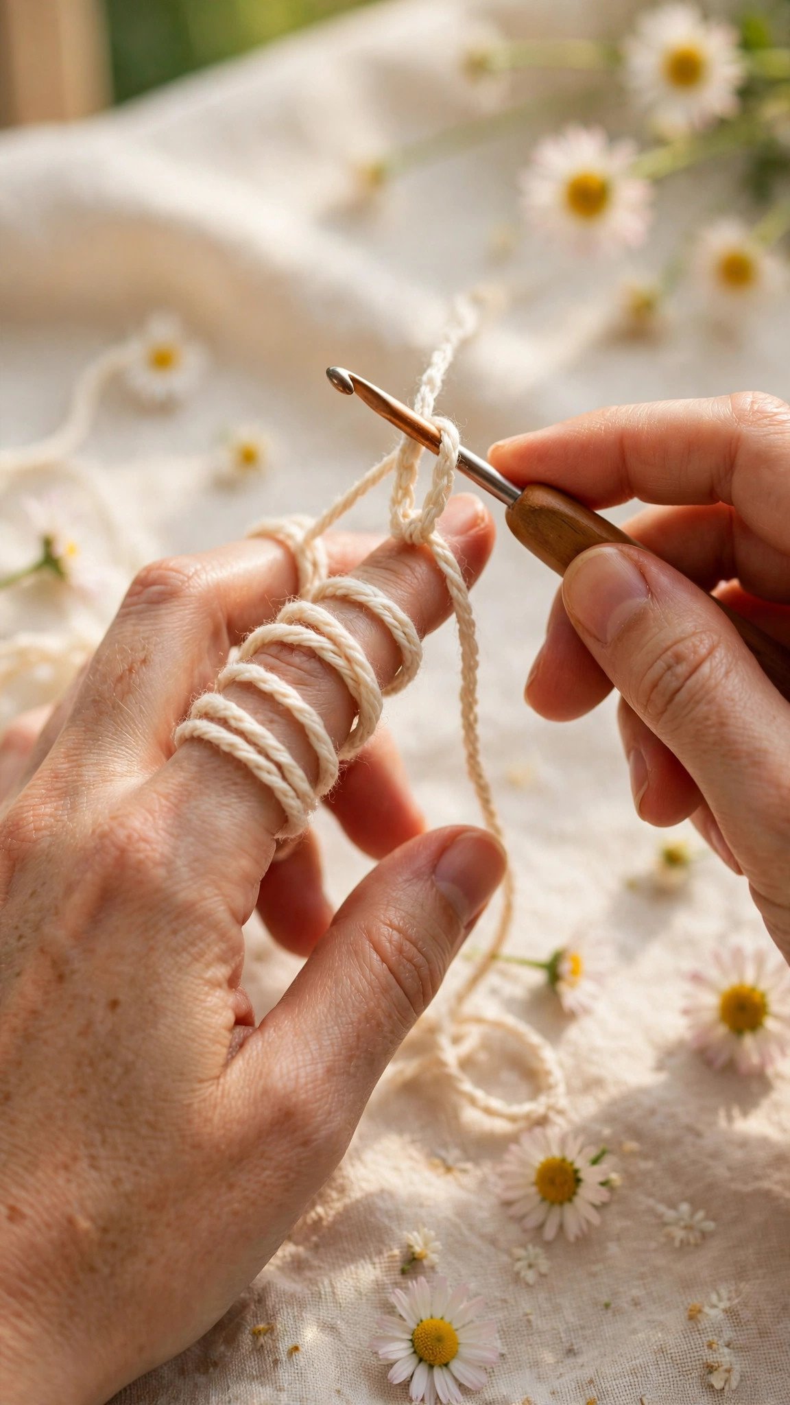 Hands forming a magic ring with yarn to start an amigurumi piece, step-by-step close-up