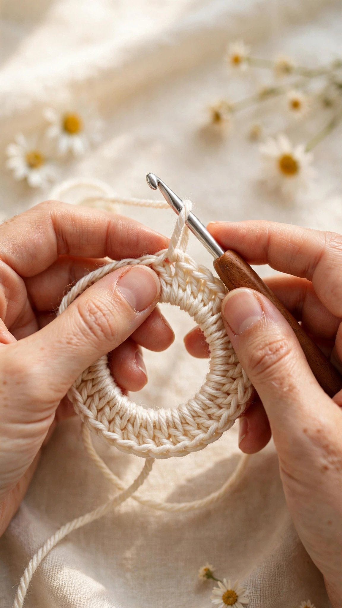 Hands forming a magic ring with yarn to start a granny square, close-up
