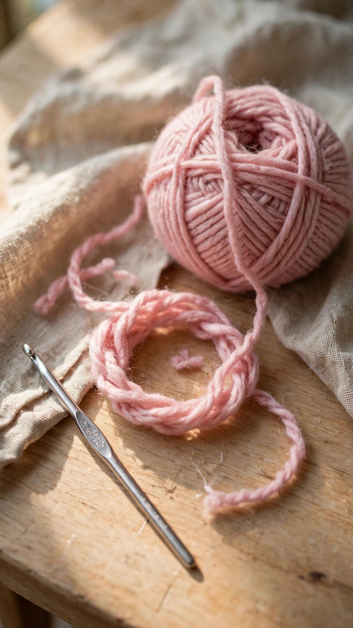 Ball of pink yarn and crochet hook ready for magic ring practice