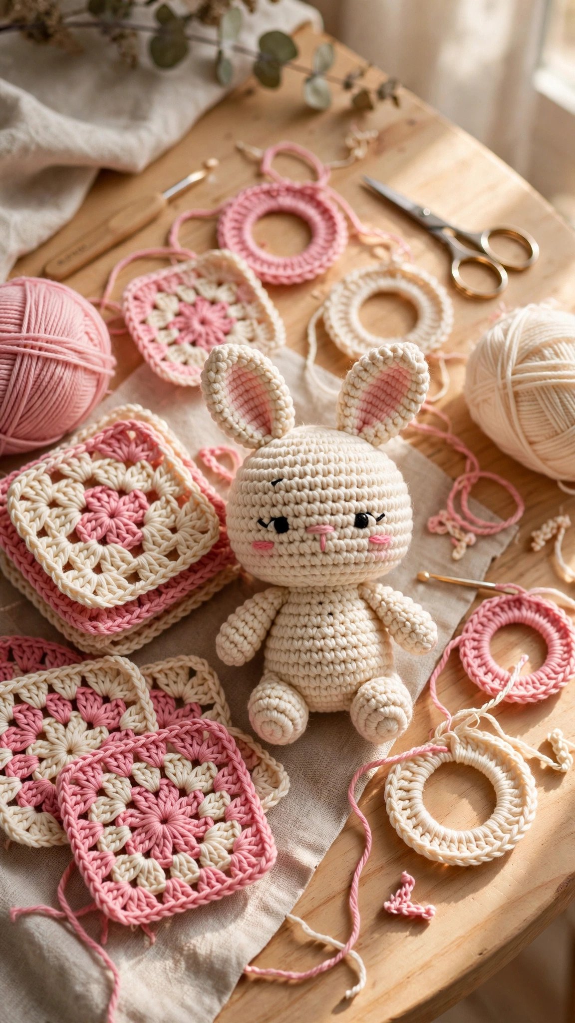 Finished amigurumi bunny and granny squares started with magic rings