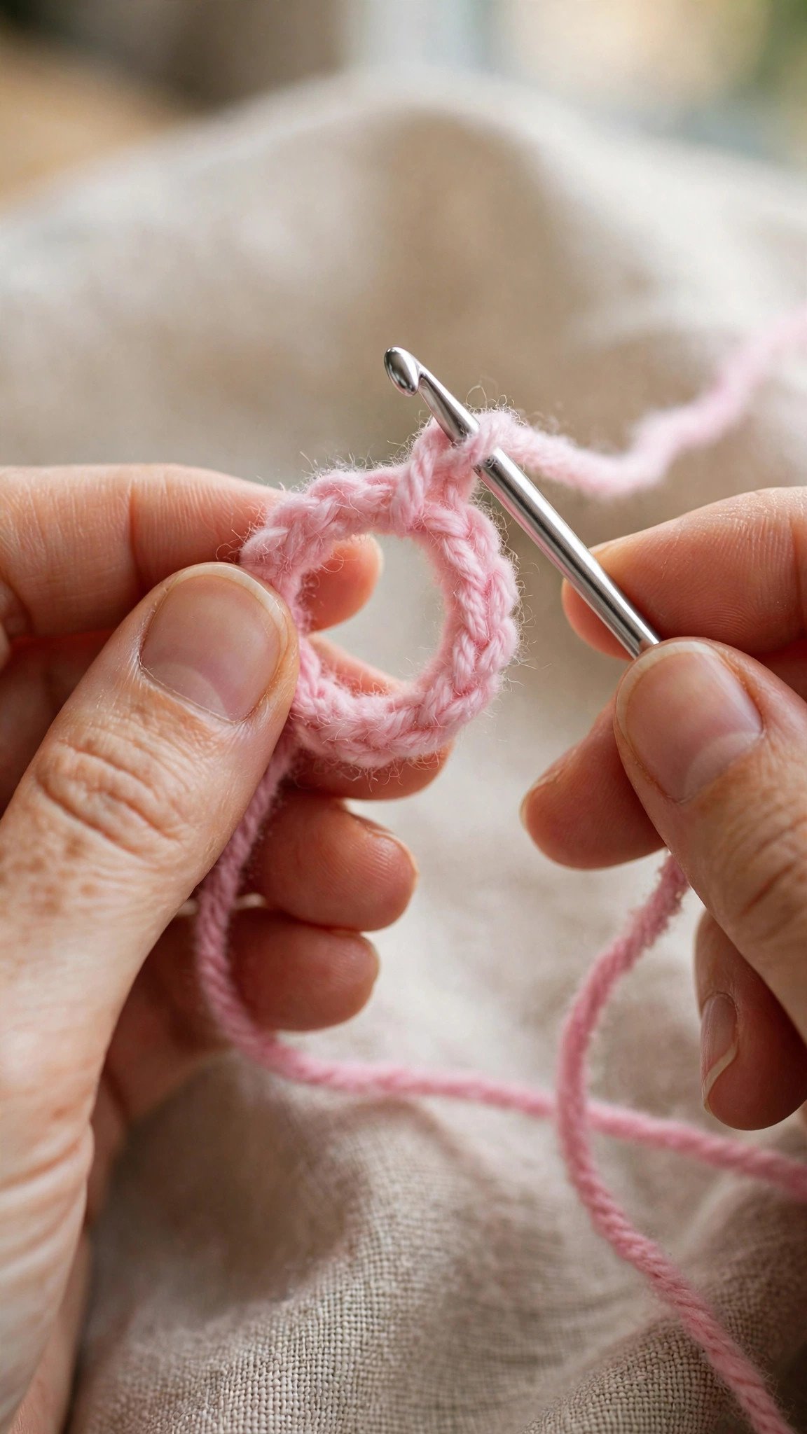Step-by-step hands making a magic ring loop and pulling yarn through