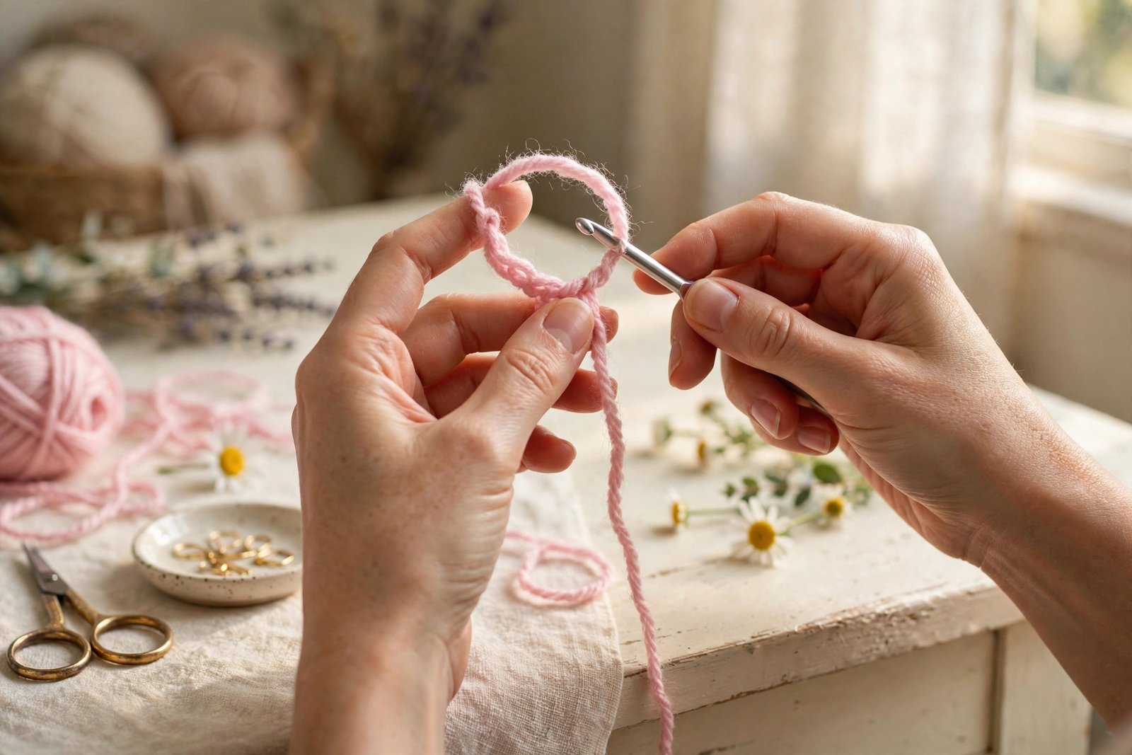 Hands forming a magic ring with pink yarn to start a crochet amigurumi