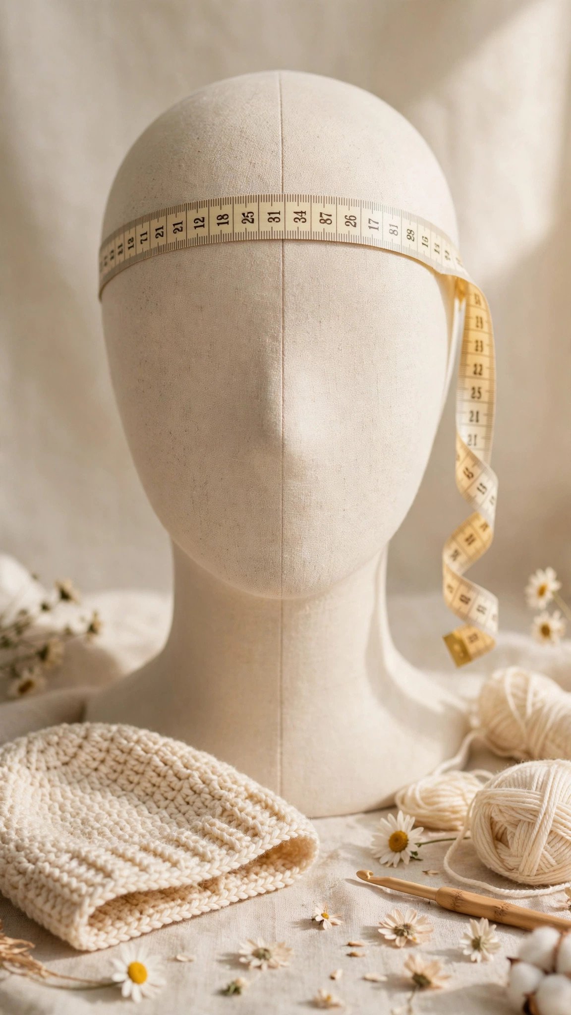 Soft measuring tape wrapped around a head form at forehead level showing how to measure head circumference