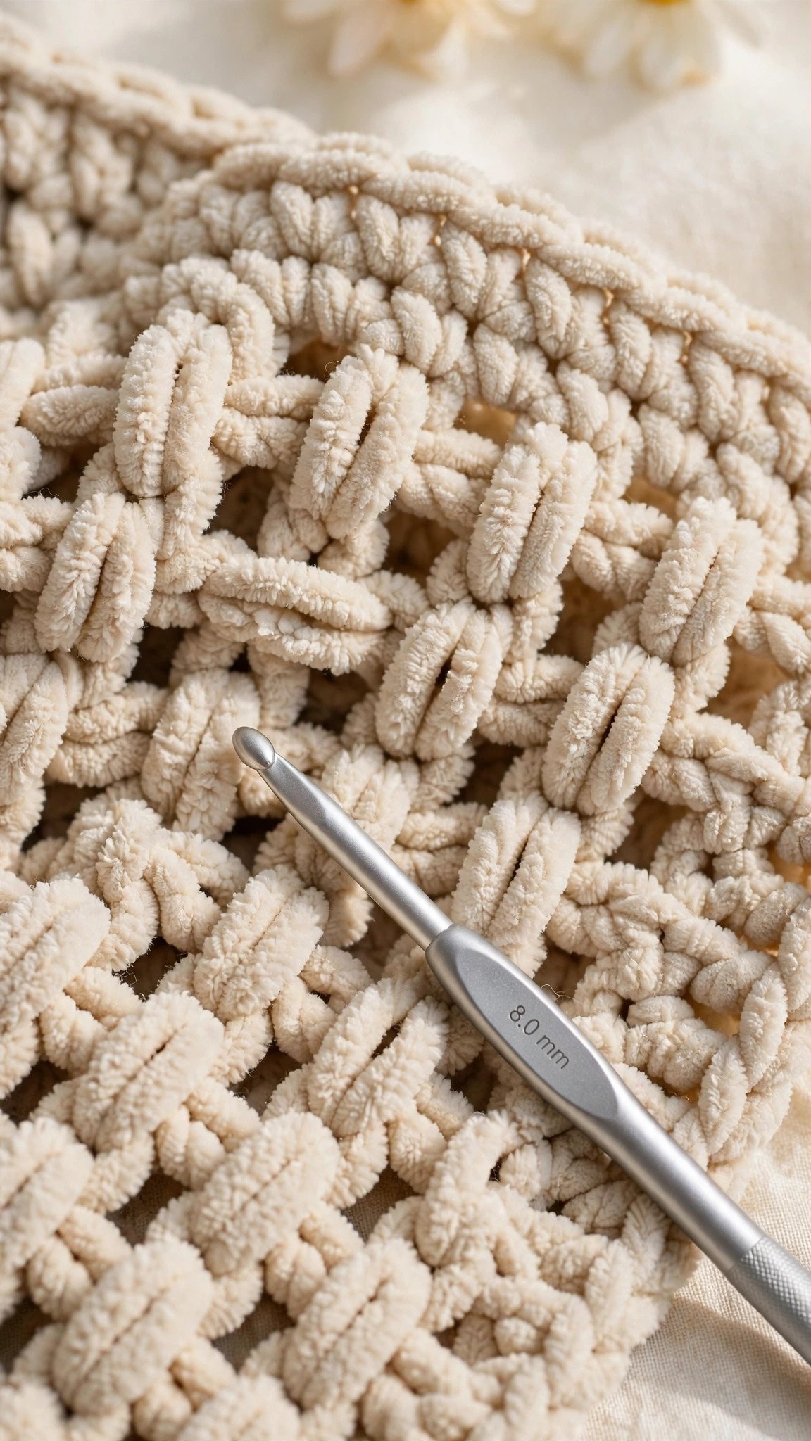 Macro close up of moss stitch texture in soft oatmeal chenille yarn showing woven chain spaces
