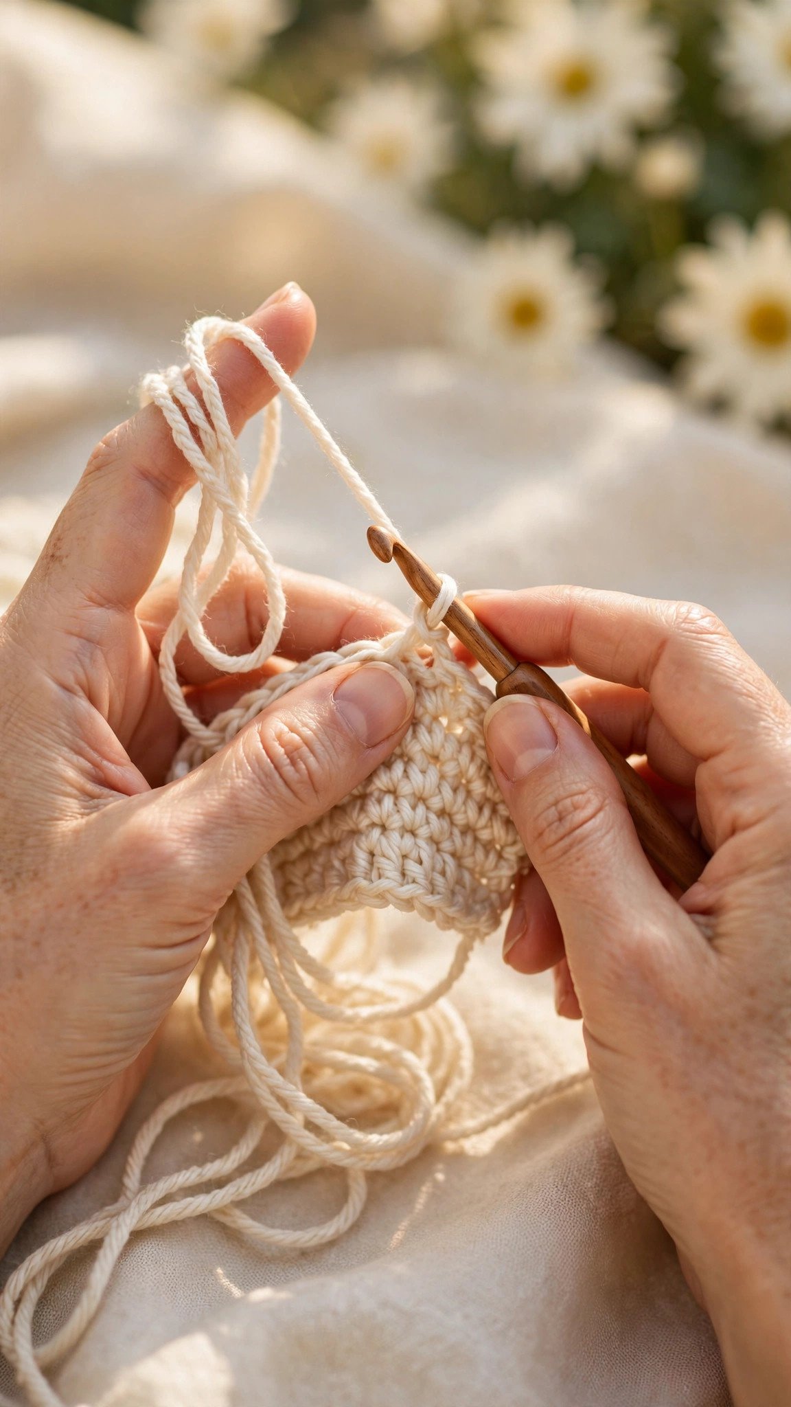 Hands crocheting with relaxed yarn tension, working yarn draped over the index finger