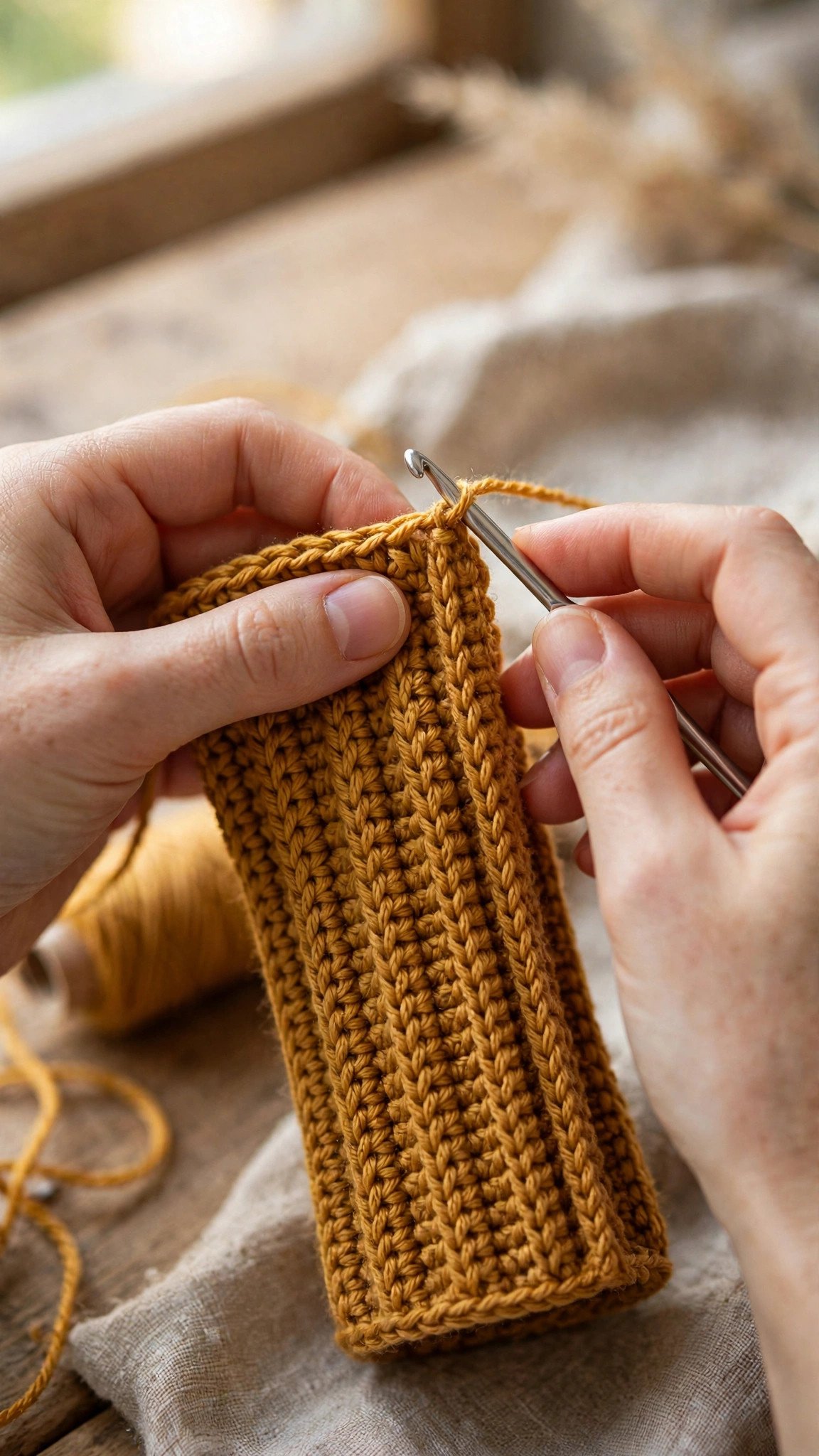 Hands slip stitching the short ends of a ribbed mustard crochet rectangle together into a tube