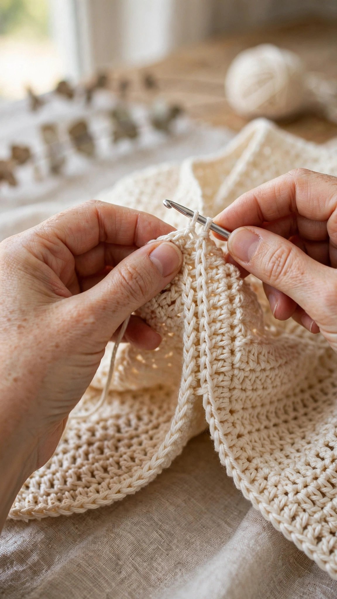 Yarn needle slip stitching the side seam of a cream crochet top