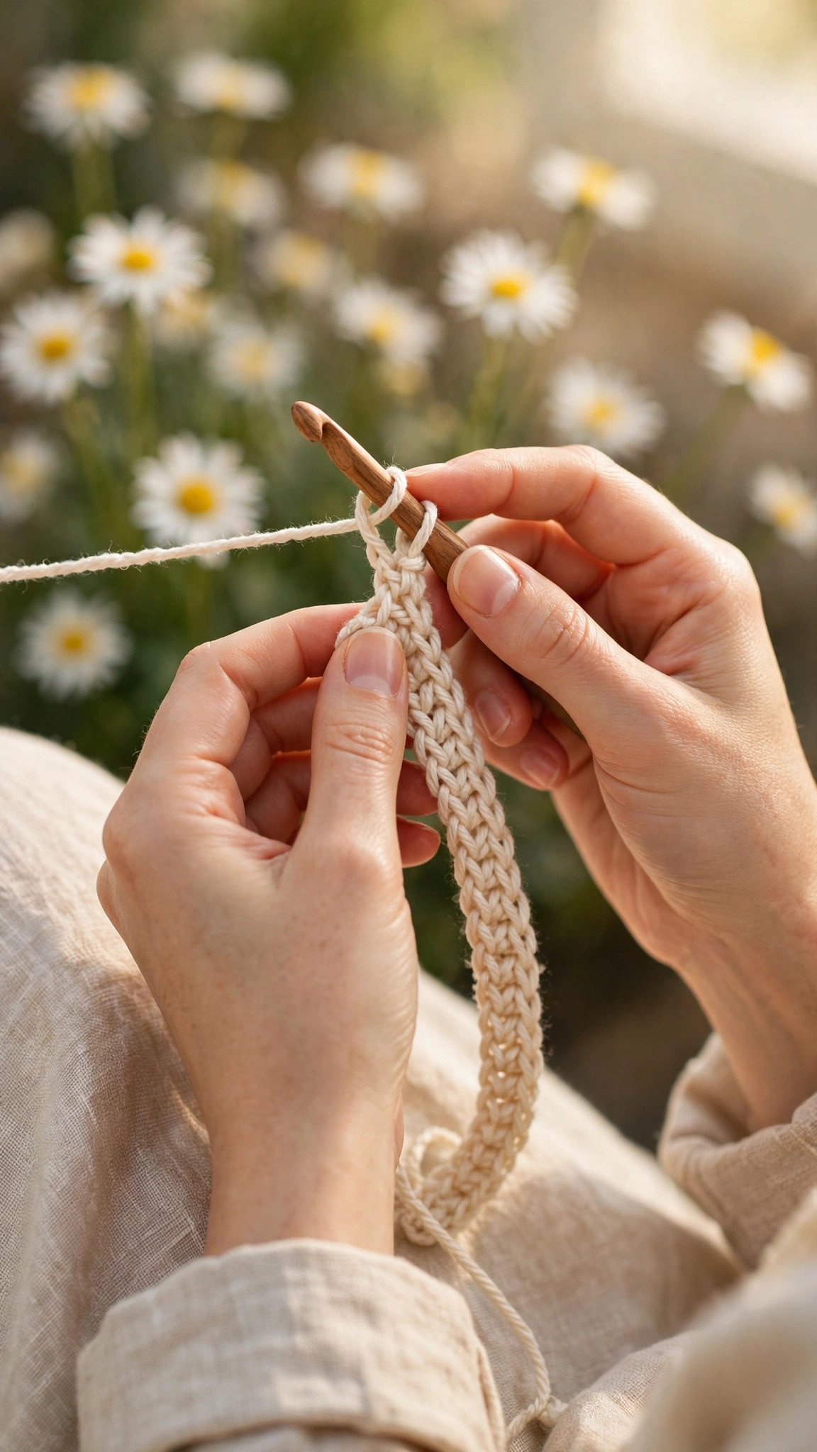 Hands working a single crochet stitch into a foundation chain, two loops on hook