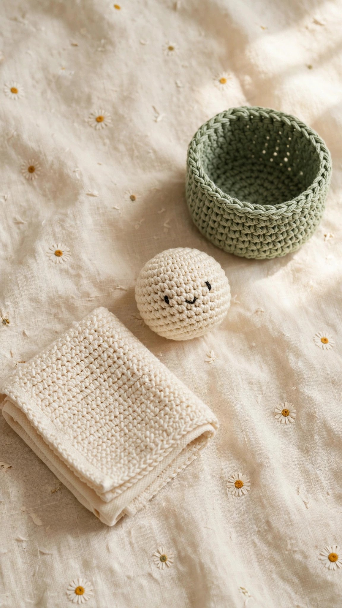 Flat lay of single crochet projects: cream dishcloth, small crocheted ball toy, and sage basket