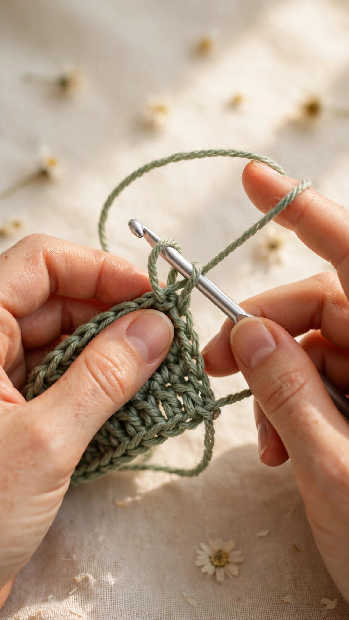 Hands mid single crochet stitch with two loops of sage yarn on the crochet hook