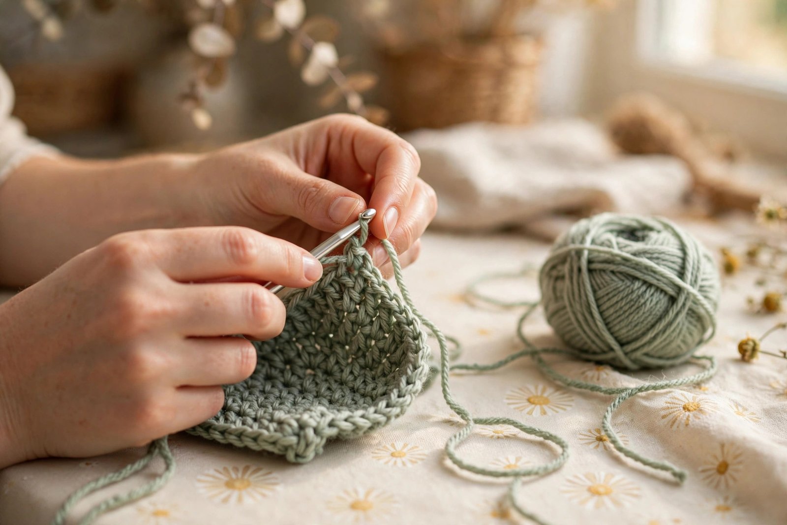 Woman's hands working a single crochet stitch with a silver hook and sage green yarn