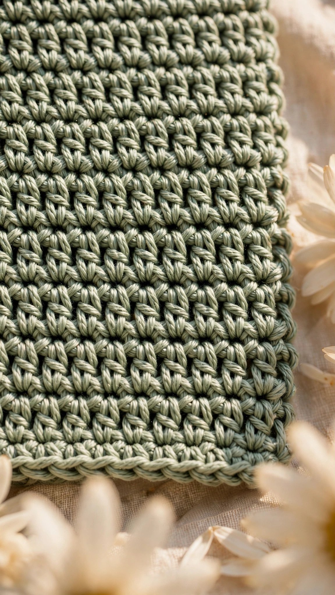 Macro close-up of single crochet fabric texture in sage green yarn showing dense V-shaped stitches