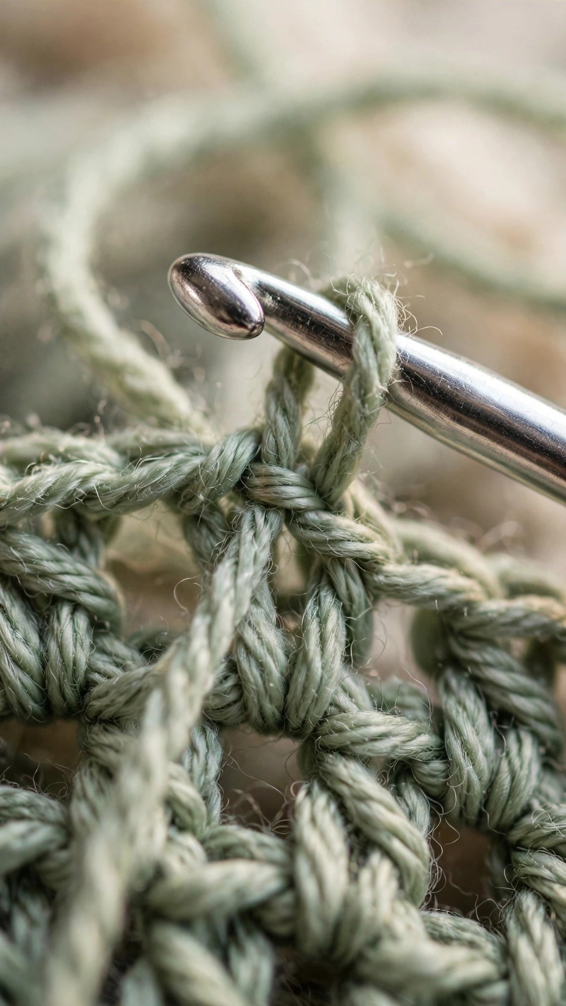 Macro close-up of a slip stitch being pulled through loops on a crochet hook