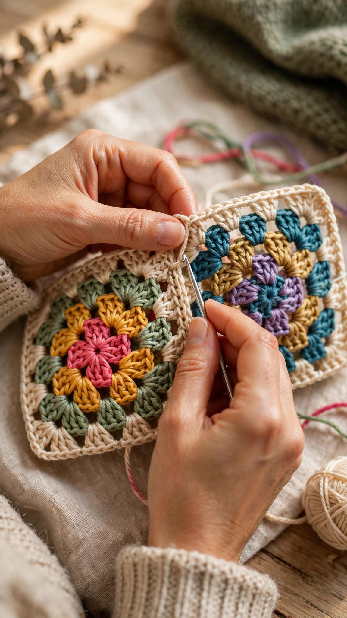 Hands slip stitching to join granny squares together into a blanket