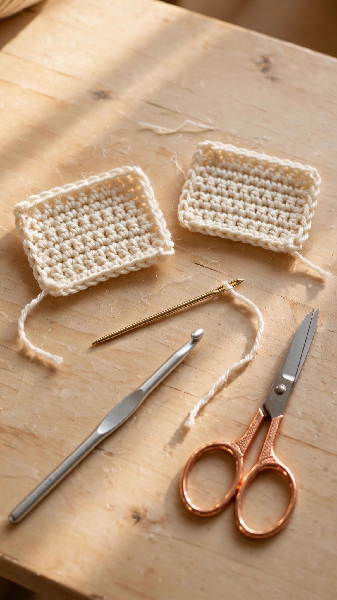 Two small crochet swatches, yarn needle, and hook ready for slip stitch practice