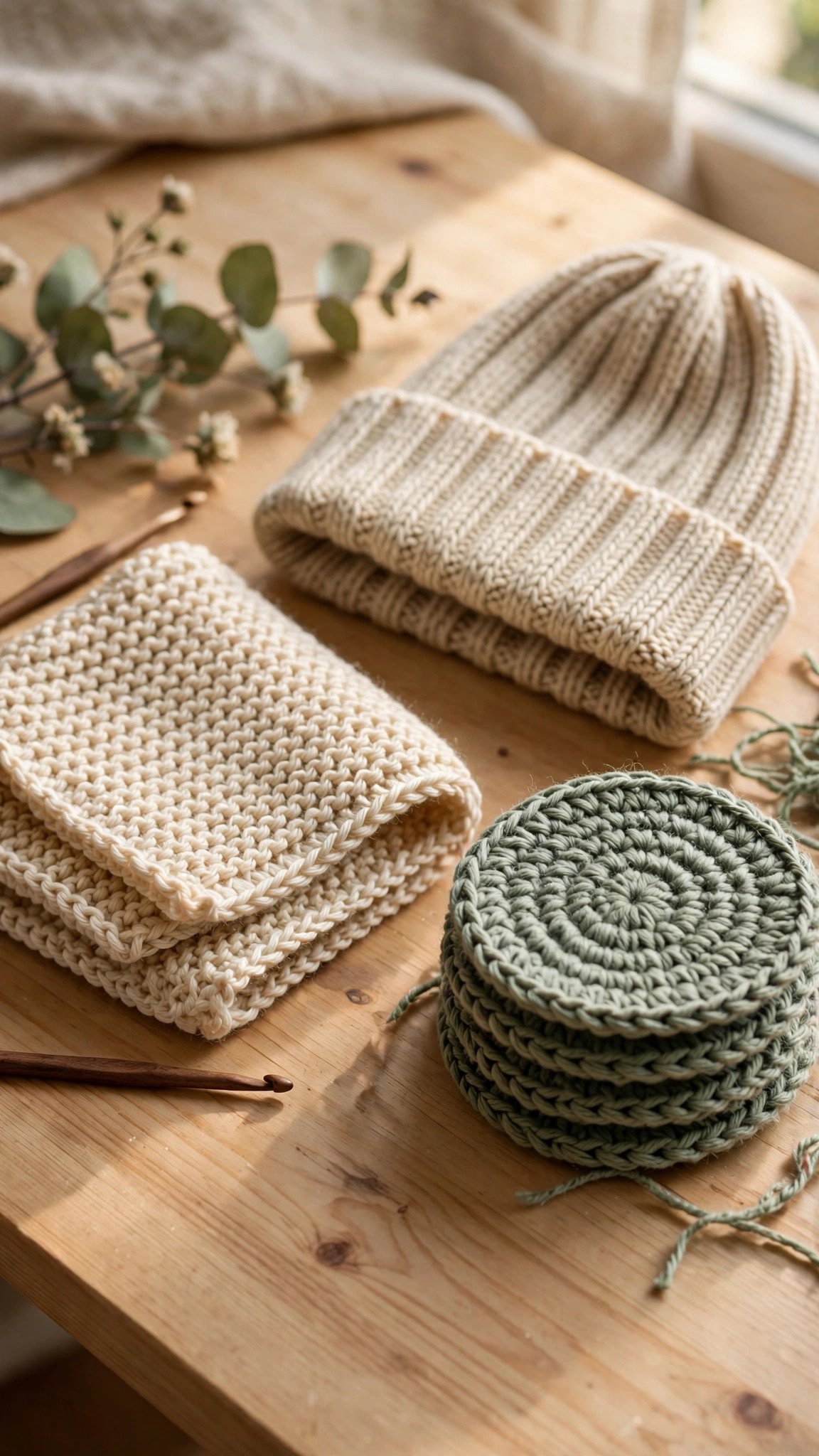 Ribbed slip stitch beanie and coasters in sage green yarn