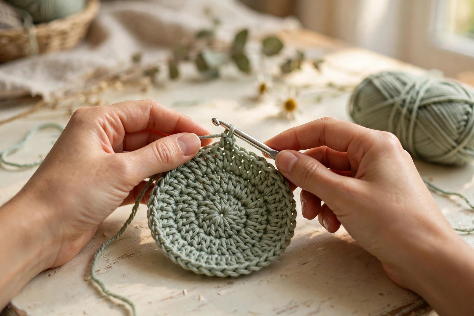 Hands joining a crochet round with a slip stitch using sage green yarn